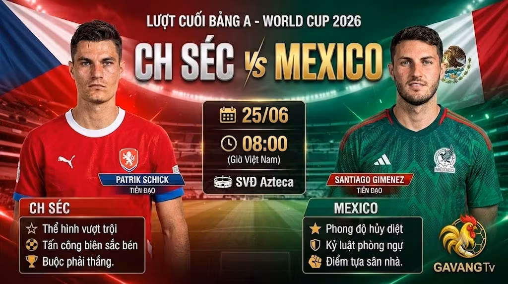 Nhận định bóng đá, soi kèo và xem trực tiếp trận CH Séc vs Mexico lượt cuối bảng A World Cup 2026.
